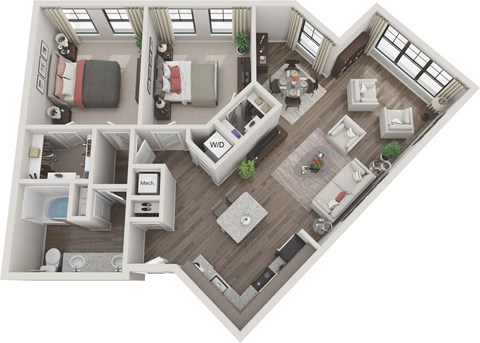 Floor plan for 2 beds, 1 bath, 1104 sqft